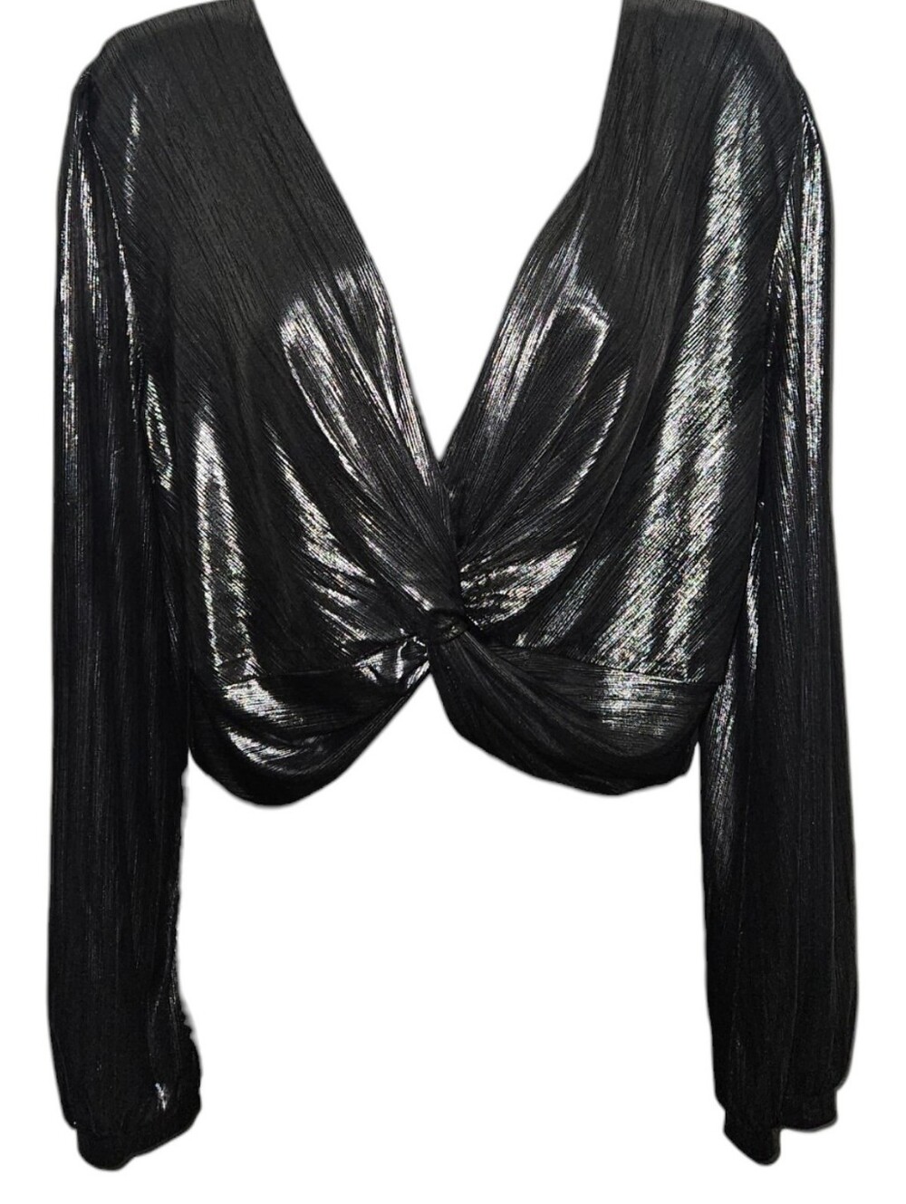 BCBGeneration Metallic Crossover Knot Deep V-Neck Long Sleeve Crop Top